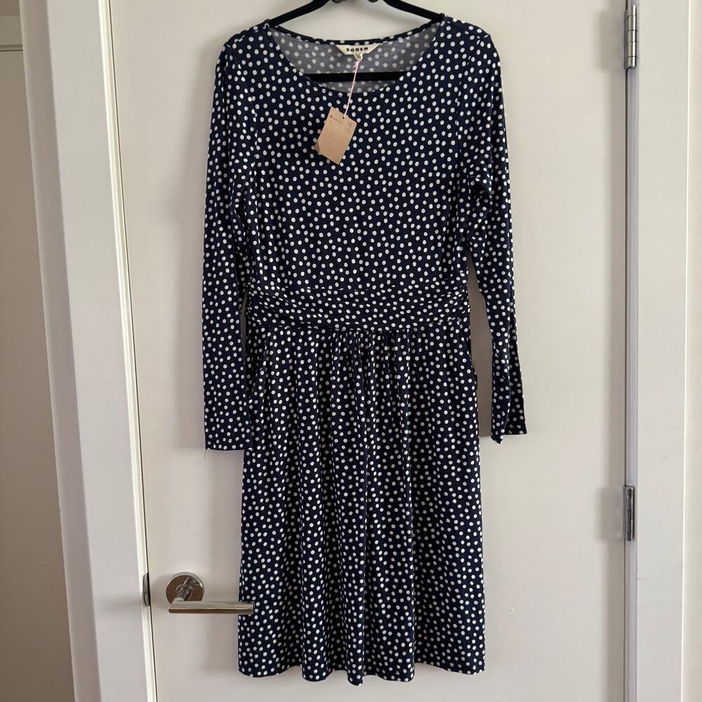 New Boden Navy Blue Abigail Jersey Dress Polka Dot Ruched Pocket Pullover Sz 8